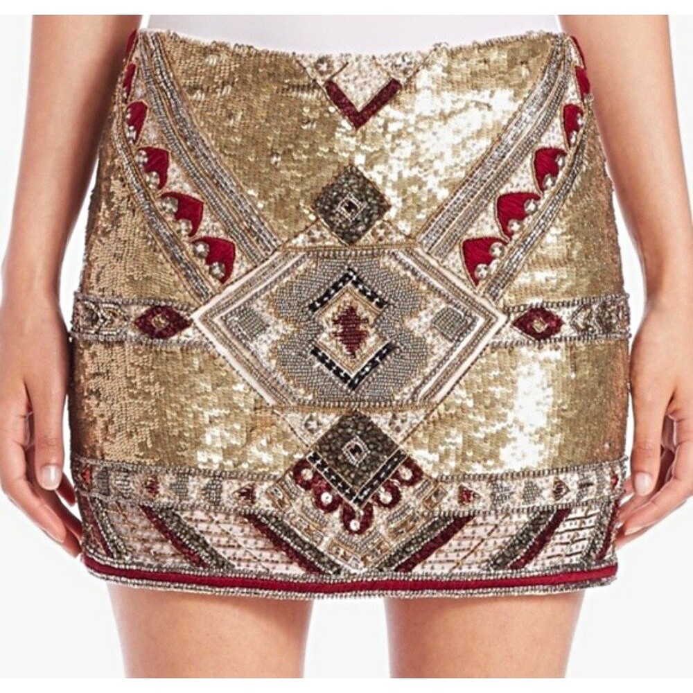 Alice + Olivia Geometric Gold Burgundy Sequin Beaded Mini Skirt Size 8 Glam Lux